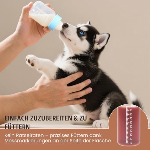 Futtermilchflasche-Set für Welpen, Flaschen zur Kätzchenfütterung, Haustierflasche mit Messskala für die künstliche Aufzucht von Neugeborenen (Blau, 60ML)