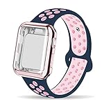 INTENY Compatible for Apple Watch Band 38mm with Case, Soft Silicone Sport Wristband with Apple Watch Screen Protector Compatible for iWatch Series 1,2,3,4, 38mm S/M, Midnightblue Lightpink