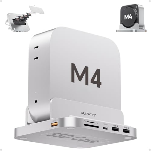 PULWTOP Mac Mini M4 Hub con SSD M.2(SSD No Incluida), Accesorios De Hub USB C Vertical para Mac Mini M4/M4 Pro 2024, Mac Mini Dock con USB A/C 3.2 10 Gbps, USB A 2.0, Audio, SD/TF