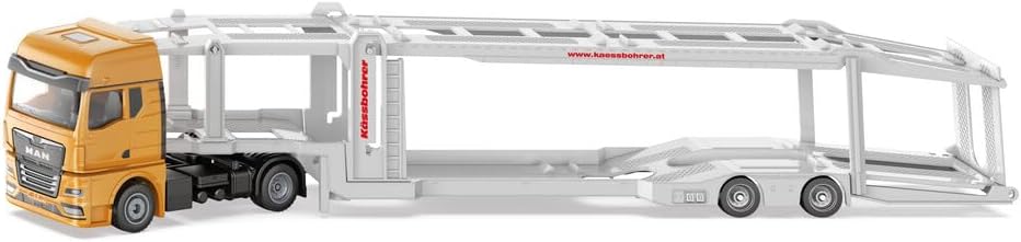 Siku 3944 Man Car Transporter, 1:50, Includes 2 Toy Cars, Metal/Plastic, Orange/Silver, Detachable Trailer, Lowerable Platform