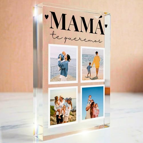 Cristal Plaque   Bloque Personalizada MAMA con 4 Fotos y Mensaje Te queremos mucho | Placa Metacrilato con Luz LED | Base de Madera USB | Regalo Original para Cumpleaños, Boda y Mamá