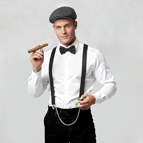 Fartoni Disfraz Años 20 Hombre – Kit Accesorios Gangster con Boina, Tirantes, Pajarita, Reloj de Bolsillo y Bigotes – Complementos Disfraz Mafioso, Peaky Blinders y Carnaval - imagen 2
