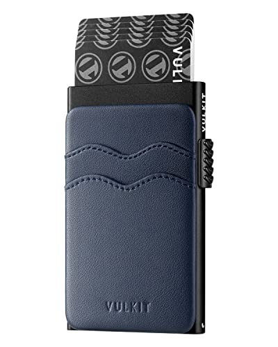 Image of VULKIT Credit Card Holder Minimalist Slim Pop Up Wallet with Leather Slots RFID Blocking for Men and Women Holds 7 Cards and Notes Blue