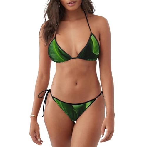 FBGHHTY Fresh Banana Leaves Print Women's Two-Piece Bikini Swimsuit Pool Indoor Swimming Casual Summer Party Wear Black