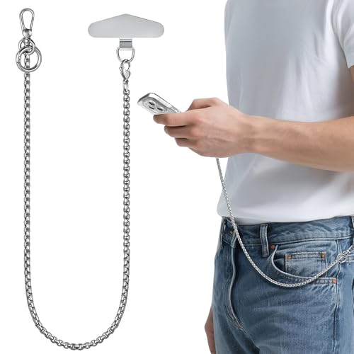 Image of ROCONTRIP Anti-Theft Phone Lanyard Tether & Pants Chain Heavy-Duty Phone Strap With Metal Tether Tab Detachable Anti-Drop Lanyard for iPhone,Wallet,Key Great for Outdoor Hiking Cycling(Silver)