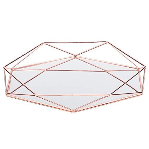Jewelry Storage Tray - Bathroom Sexangle Mirror Metal Gold Cosmetic Jewelry Storage Organizer Tray Box Plate(rose gold)