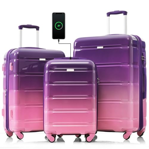 3-Piece Luggage Set with USB Port, 20/24/28 Inch Expandable Hardshell Suitcase, Airline Approved Carry-On Spinner Wheel Luggage for Travel, Lightweight Durable Suitcase Set (Purple + ABS+PC)