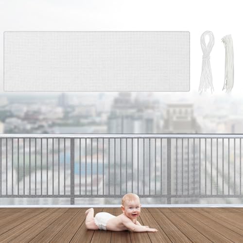 Image of Hosuly Banister Guard 30 x 3 ft Balcony Netting for Kids Pets Stairway Safety Net Baby Fence Door Balcony Netting Safety Mesh Stair Net with No Drilling for Apartment Railing(White)