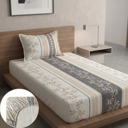 Image of Home Sizzler Microfibre Floral Striped Print All-Around Elastic Fitted Single Bedsheet (36 x 72 Inches) with 1 Pillow Cover - Beige & Grey