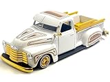 1950 Chevy 3100 Pickup Truck Lowrider White with Graphics and Gold Wheels Lowriders Series 1/25 Diecast Model Car 32545WH