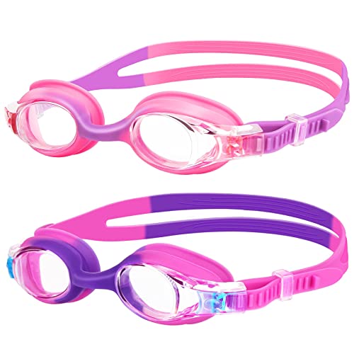 DeTake Swimming Goggles,(2 Pack) Kids Swimming Goggles With Anti Fog Lens & Wide View,Flexible Nose Bridge,Soft Silicone Swim Goggles with Portable Bag for 3-14 Years Old Girls Boys Children