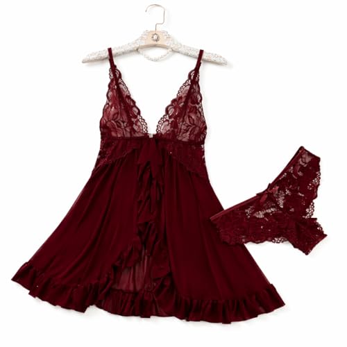 Image of Women's Lace Babydoll Lingerie Set, Black, Deep V-Neck, Sheer Mesh, Ruffle Hem, with Panty