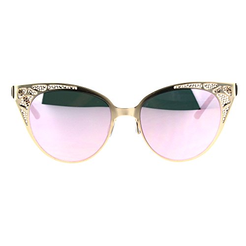 Color Mirror Die Cut Metal Mesh Lace Jewel Cat Eye Fashion Gothic Sunglasses Gold Pink