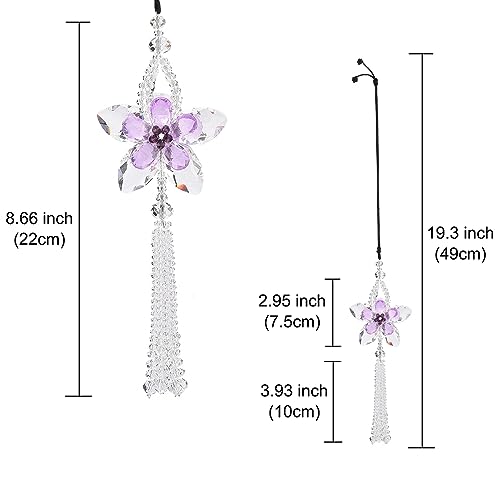 Image of Crystal Flower Car Rear View Mirror Pendant Suncatcher Ornament for Automotive Decoration Accessories Interior Rearview Mirror Hanging Charm, Purple