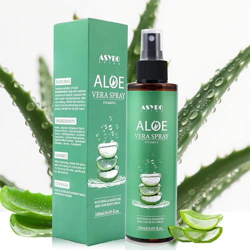 ASYBO Spray d'aloe vera 180 ml – Spray d'aloe vera pur à 99 % organique pour le visage, le corps et les cheveux, crème hydratante pour le visage après le soleil, avec vitamine E, absorption rapide