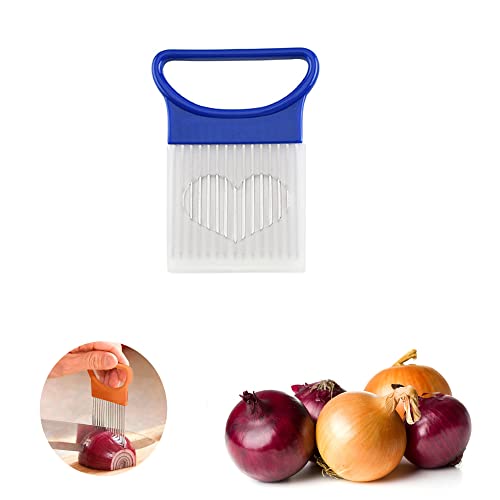 YUEMING Éplucheur d'oignon，Oignon Couteau à trancher Acier Inoxydable Aiguille à Viande Coupe-Pommes de Terre，Trancheur d'oignon Support d'oignon (Bleu)