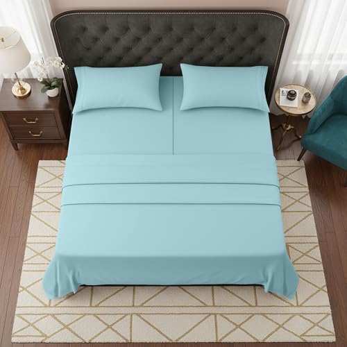 Image of Elegant Comfort Luxurious 1500 Premium Hotel Quality Microfiber Three Line Embroidered Softest 5-Piece Bed Sheet Set, Wrinkle and Fade Resistant, Split King, Aqua