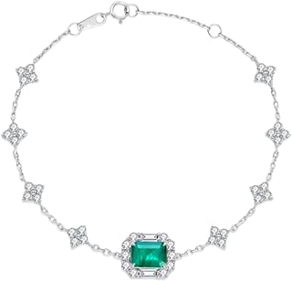 guldarmband dam rektangulär ring med 0,63 ct syntetisk smaragd och 1,3 ct moissanit, kedjearmband för flickvän 20 + 3 cm | 14K vitt guld | trendiga modesmycken för halloween