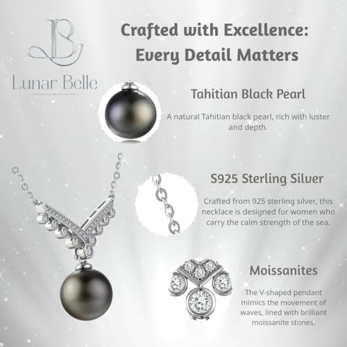 Lunar Belle Black Jewelry for Women Tahitian Pearl Pendant Necklace with Moissanite Sterling Silver, Romantic Gift for Wife Girlfriend Valentine Anniversary (Tide's Kiss) - Image 5