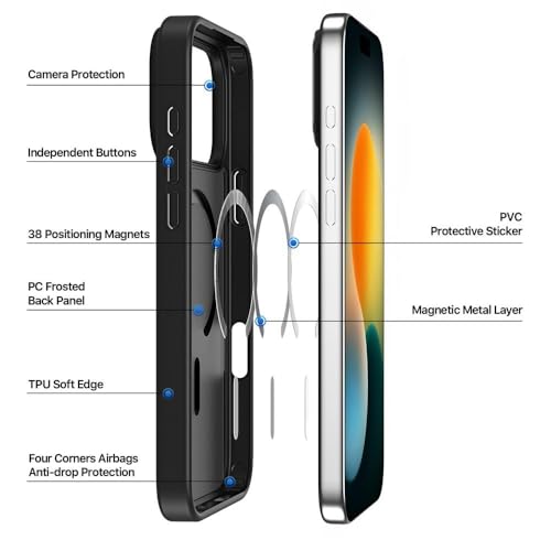 Image of Compatible iPhone 17 Pro Max Case,(Compatible with MagSafe) Non Yellow Military-Grade Drop Protection & Hard PC Back Cover Slim Transparent Anti-Scratch Shockproof Phone Case - Black