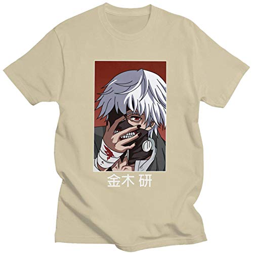 LZZSWDT Tokyo Ghoul Ken Kaneki T-Shirt for Men Cotton Graphic T-Shirt O-Neck Short Sleeve Japanese Anime Manga Tee Clothing Khaki