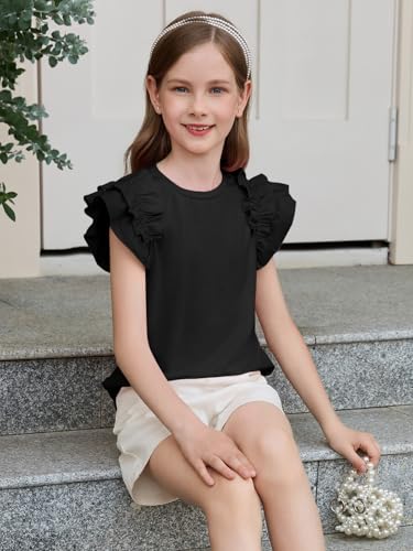 Image of Haloumoning Girls T Shirts Double Layer Ruffle Short Sleeve Kids Summer Crewneck Tunic Tee Tops 5-14 Years