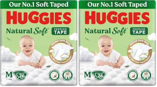 Image of Huggies Natural Soft Premium Tape Diapers Medium (M) Size, 7-12 kgs,26 Count | Our No.1 Soft Taped Diaper with Cloud Soft Bed and Runny Poo Absorption (Pack of 2)