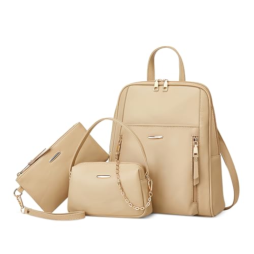 Moda Zaino da Donna Set 3 Pezzi con Borsa a Tracolla Borsetta Antifurto Zainetto Leggero per Viaggio Scuola Lavoro Datazione Studentessa Universitaria Impermeabile PU Pelle Beige