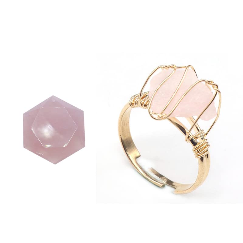 Healing Crystal 1Pcs Hexagram Star Amulet Rose Quartz Crystal and 1Pcs Natural Raw Crystal Wire Wrapped Adjustable Rose Quartz Crystal Ring