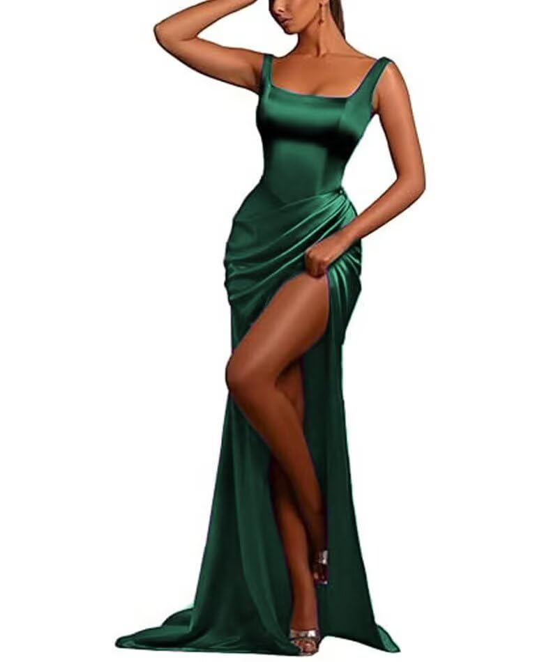 Satin Mermaid Bridesmaid Dress Square Neck Corset Formal Prom Dress with Side Slit Ruched Satin Evening Dress