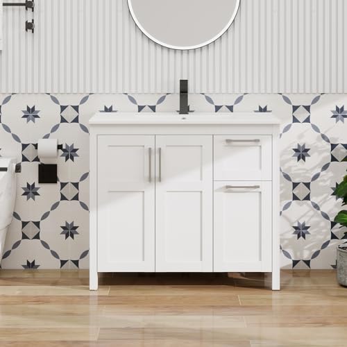 YOURLITE 36\" Bathroom Vanity with Sink Combo, Single Sink Bathroom Vanity with 2 Soft Close Doors & 2 Drawers, Freestanding Bathroom Cabinet with Ceramic Sink, White - Thumbnail 2