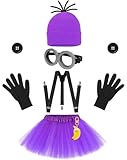 Cabeny Adult Women Purple Villain-Style Cartoon Costume Set with Beanie Goggles Gloves Black Suspenders Tutu Skirt Banana Charm Funny Dress Up Accessories for Halloween Party CA081