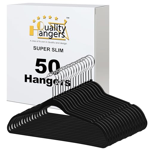 quality hangers 50 pack slim plastic hangers for clothes - 16.5" won't crease your clothes, heavy duty non-velvet black hangers 360° swivel chrome hook non slip notches dresses coats shirts jackets