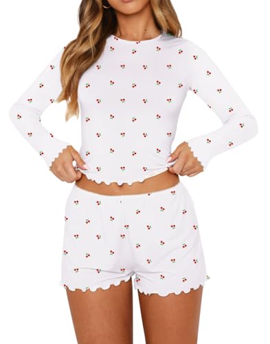 Image of Lacozy Cute Pajama Sets for Women 2 Piece Floral Print Fall Pj Set Woman Long Sleeve Crop Top and Short Y2K Sleep Set