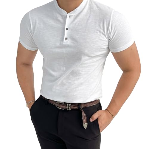 Men Quarter Button High Elastic Henry Shirt Classic Fitness Short-Sleeved T Shirt Summer Quick-Drying Training Tops (White,Large)