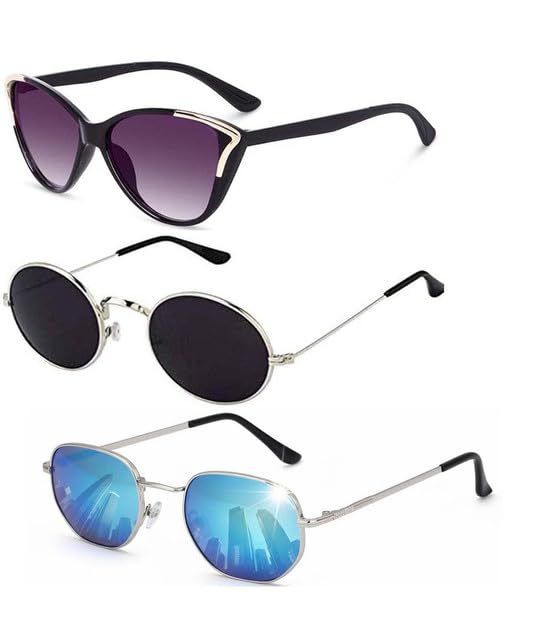 Y&S Unisex Goggle Combo| Combo Offer Pack of Branded Latest Stylish| Black Cateye Black Round Blue Hexagonal for Men and Women with Box|3-1275