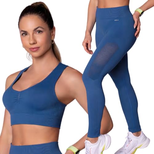 Conjunto Fitness Sem Costura Microfibra de Poliamida Selene Academia Legging e Top Adulto | Azul | G