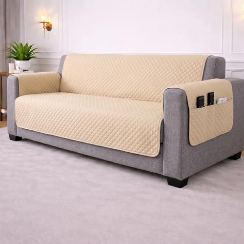 Image of STITCHNEST 'Airsoft Range Series' Solid Quilted Velvet Sofa Cover for 3 Seater | Premium Soft Velvet Sofa Protector | Beige Diamond Quilted Design with Armrest Pockets | Furniture Cover