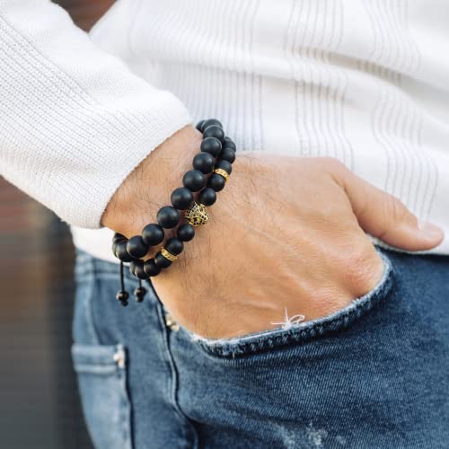 Men's Energy Bracelet with Gold Leopard Stainless Steel Bead, Adjustable Natural Gemstone Onyx Bracelet for Men4