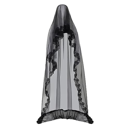 Mantilla novia negra de encaje largo y tul suave de 1/2 nivel con diseño vintage gótico 2
