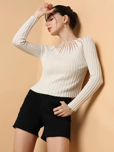 Image of ICW Women Knitted Rhinestone Embellised Daimond Studded Mesh Round Neck Long Sleeve Crop Top T-Shirt 206