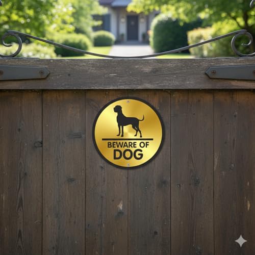 Image of Premium Brushed Golden Black Round Acrylic Beware of Dog Door Sign Easy to Mount Self-Adhesive Tape 5.8 Inch Signage for Home Resort Hotel Office Corporate Society Hospital Business