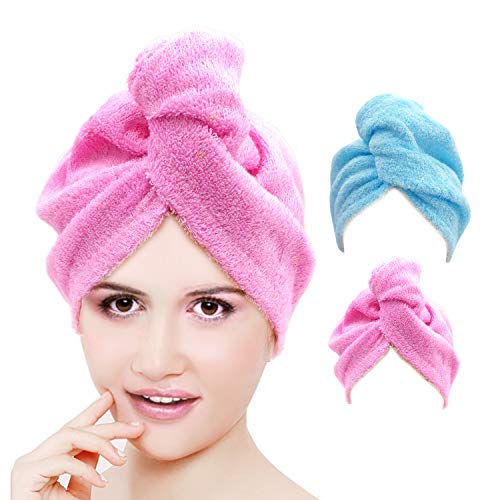 CORVYUC Bamboo Hair Towel for Long Hair, Twisty Towel for Hair, Microfiber Quick Dry Hair Hat, Bath Shower Head Turban, Ultra Absorbent, Anti Frizz, Women Wraps Curly Towels (Pink and Blue)