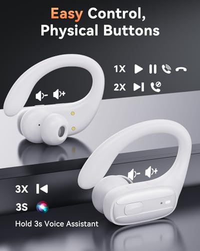 Image of LEEMC Wireless Earbuds, Bluetooth Headphones 5.4, 80Hr Playtime Ear Buds with Hooks for Sports, Noise Canceling, LED Display, IPX7 Waterproof Earphones for Workout Running, Purewhite