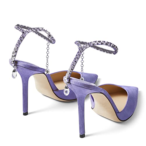 Image of LauraVicci Women's Heeled Sandals Crystal Chain Ankle Straps Rhinestones Buckle High Heels Stiletto Slip On Wedding Party Satin Dress Shoes