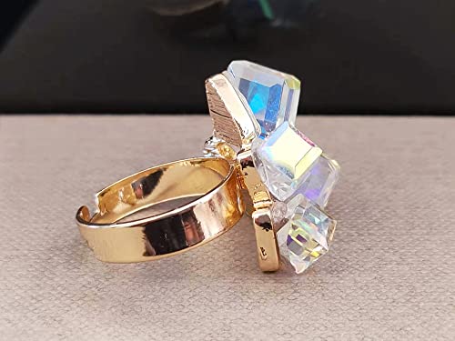 Boho Square Crystal Statement Ring for Women Girls Gold Plated Adjustable Expandable Promise Engagement Geometric Rings Comfort Fit Elegant Art Deco Birthday Christmas Cocktail Party Y2K Jewelry Gift4