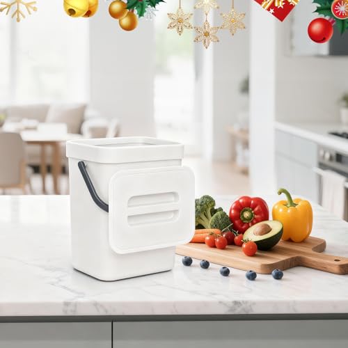 Image of Kitchen Waste Bin with Hooks 5L, Indoor Kitchen Sealed Under Sink for Kitchen, Food Waste Bin for Countertop (White)