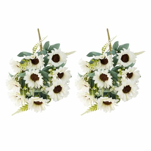Zeroupshop Lot de 2 bouquets de tournesols artificiels en forme d'éventail - 9 têtes de 46 cm - Arrangement floral réaliste pour décoration, mariage, porche, jardin, rebord (blanc)