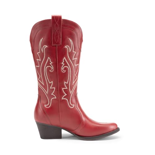 Image of DREAM PAIRS Women's Cowboy Cowgirl Western Boots | Embroidered Pointed Toe Low Heel Western Mid Calf Boots for Theme Party Country Concert