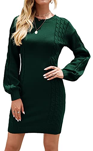 Vthereal Strickkleider Damen Pulloverkleid Elegante Pullover Rundkragen Winterkleid Pulli Minikleid Winter Langarm,Dunkelgrün,M Cover